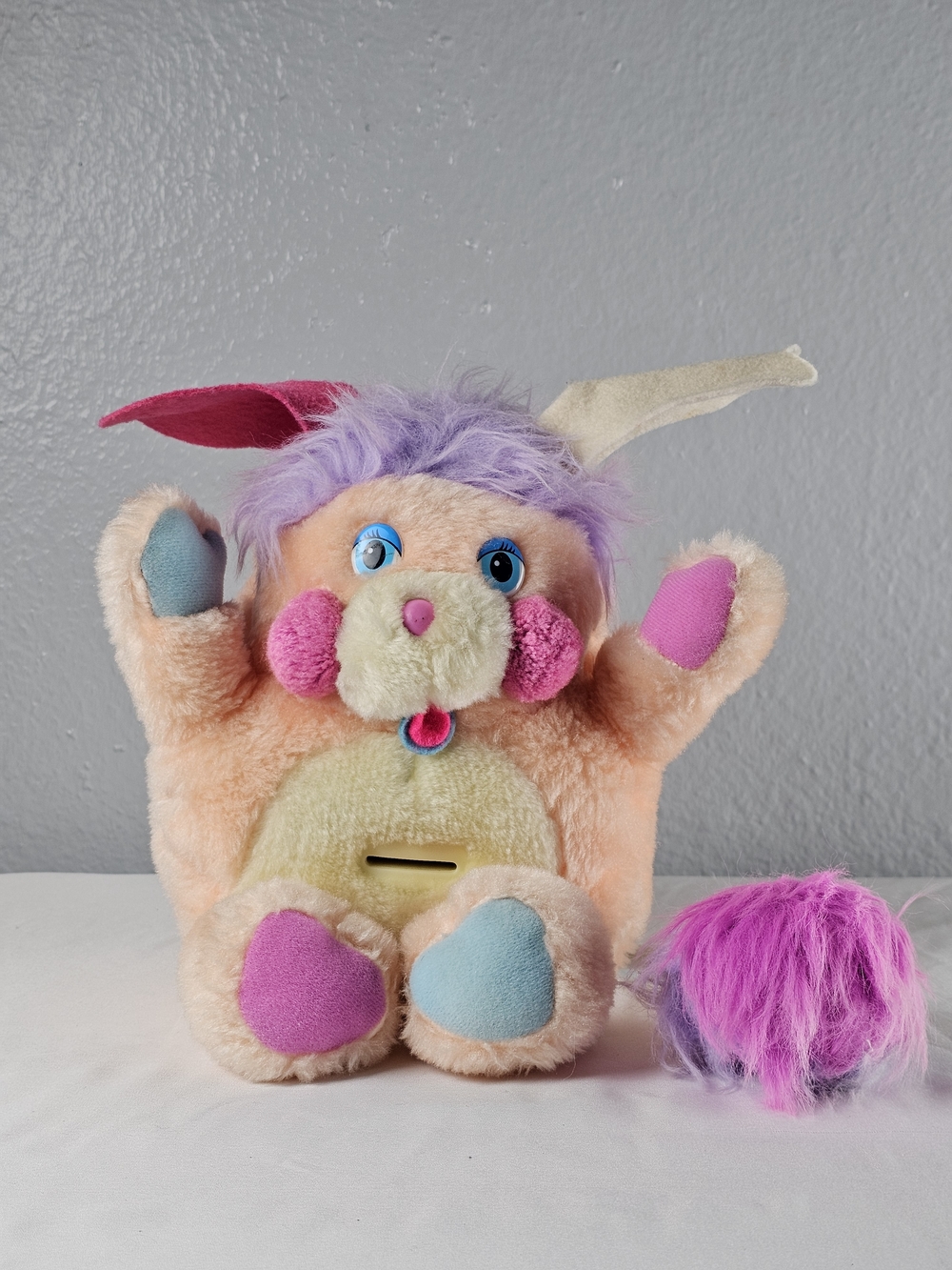 Vintage 1986 POPPLES "Penny Popple" plush piggy bank stuffed animal w/ stopper